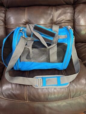 Blue Small Pet Carrier with Gray Straps